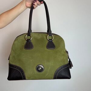 Dooney & Bourke Olive Green Nubuck and Pebbled Leather Satchel Bag